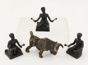 A bronze bull statuette, together with a set of three bronze musical statuettes, 20th century, (4 items), ​​​​​​​the bull 10cm long