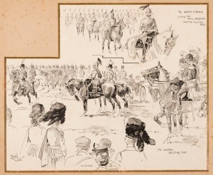 REGINALD THOMAS CLEAVER (1870 - 1954) The German Emperor Leading the Royal Dragoons Past the Saluting Base, pen & ink on paper, signed lower left, 26 x 31cm (laid down on card).