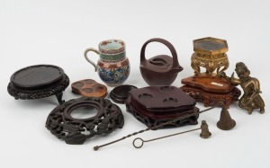 Assorted Chinese items including bronze figure, teapot, stands, etc, (12 items)