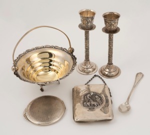 Sterling silver purse, 935 silver compact, a silver plated bowl, American silver spoon and pair of candlesticks, 19th and 20th century, (6 items), the candlesticks 14.5cm high