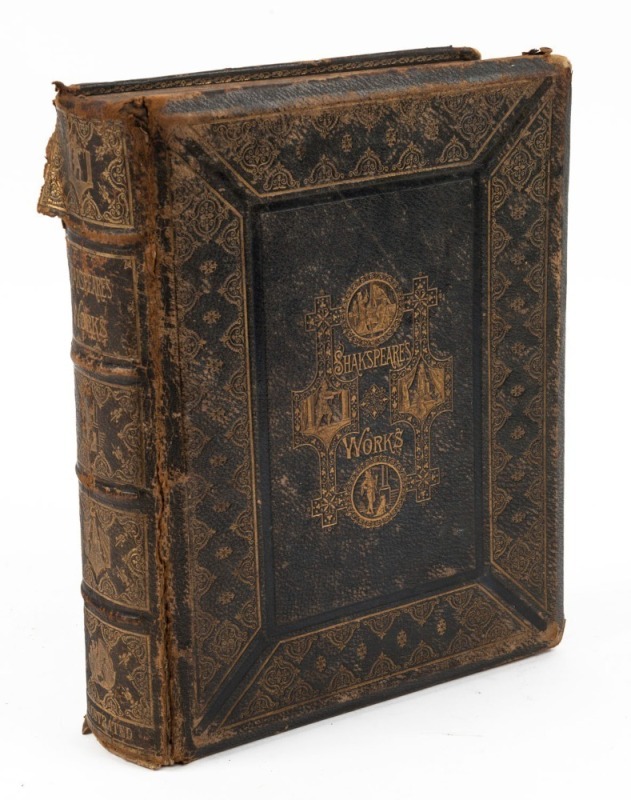 "COMPLETE WORKS OF SHAKESPEARE" 19th century illustrated edition [Syd., Lon., Melb.], leather bound with gilt and embossed boards (front loose), poor to fair condition only