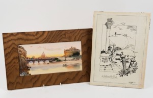 FEDERICO SCHIANCHI (Italian, 1858 - 1919), Roma, veduta del Tevere con Castel Sant'Angelo e San Pietro, watercolour, signed lower right, 14 x 29cm. Also, an art print titled "A Venetian Page" by G.H.R. Watson. (2 items).