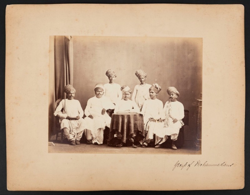 SAMUEL BOURNE (1834 - 1912), INDIA: "Group of Mohammedans" albumen print, circa 1865, laid down on album page and titled in manuscript, 22.5 x 29cm (image).