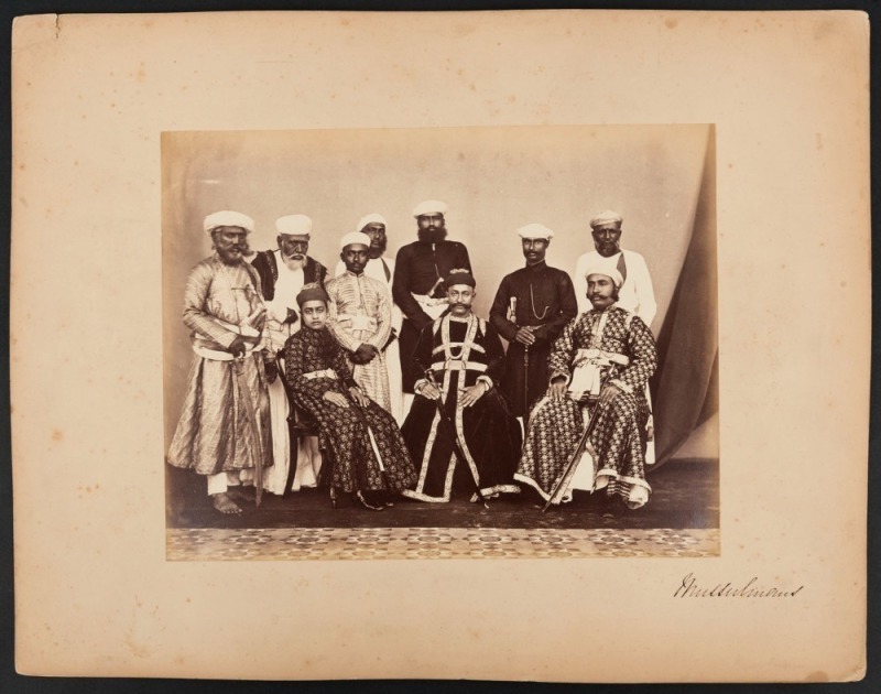 SAMUEL BOURNE (1834 - 1912), INDIA: "Mussulmans" albumen print, circa 1865, laid down on album page and titled in manuscript, 23 x 29.5cm (image).