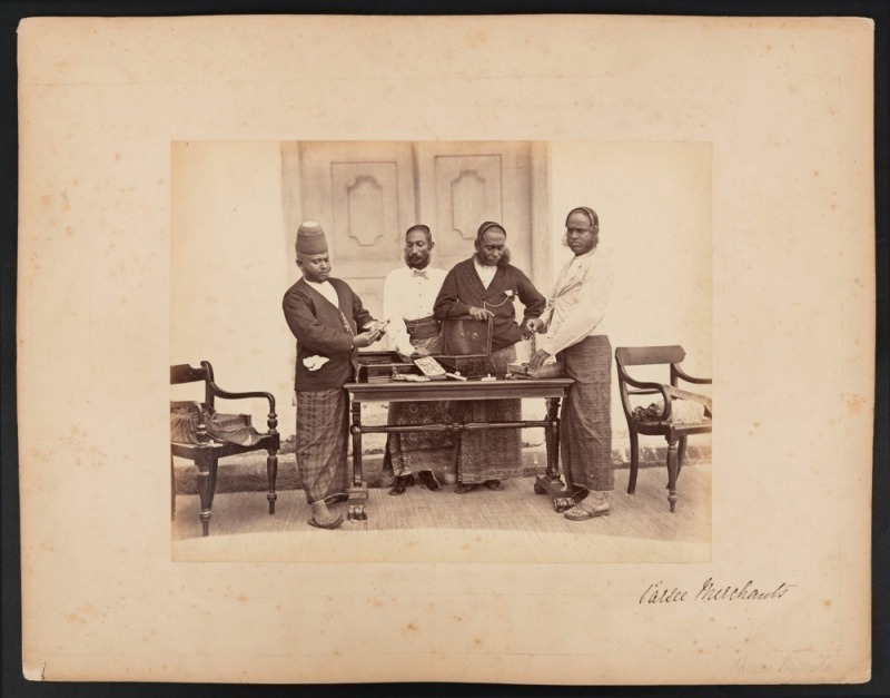 SAMUEL BOURNE (1834 - 1912), INDIA: "Parsee Merchants" albumen print, circa 1865, laid down on album page and titled in manuscript, 22.5 x 29cm (image).