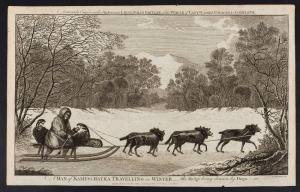 J G Wooding, engraving, "A Man of Kamtschatka travelling in winter, the sledge being drawn by dogs, accurately engraved for Andersen's large folio edition of the whole of Captain Cook's voyages and complete" 24cm x 36cm