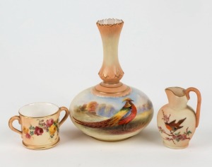 ROYAL WORCESTER miniature two-handled cup with hand-painted floral decoration, together with a LOCKE & Co. WORCESTER miniature porcelain jug with bird and blossom decoration, and a LOCKE & Co. WORCESTER porcelain vase with hand-painted pheasant decoration, 19th century, (3 items), the largest 13cm high