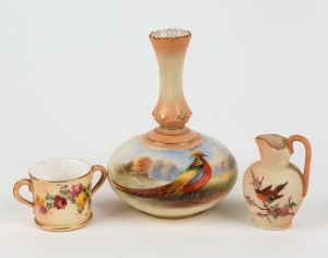 ROYAL WORCESTER miniature two-handled cup with hand-painted floral decoration, together with a LOCKE & Co. WORCESTER miniature porcelain jug with bird and blossom decoration, and a LOCKE & Co. WORCESTER porcelain vase with hand-painted pheasant decoration