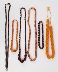 Six assorted vintage bead necklaces including amber, 20th century, ​​​​​​​the largest 88cm long overall
