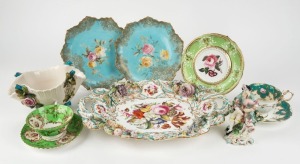 Assorted antique porcelain tea ware, statue, plates, dishes and basket vase (A/F), 19th century, the floral platter 39cm wide