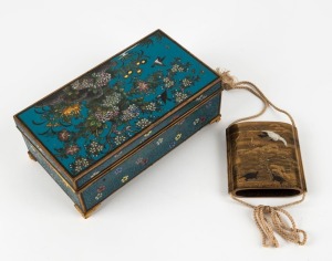 A fine Japanese lacquer inro (incomplete), together with a Japanese cloisonne box (damaged), Meiji Period, (2 items), the box 16cm wide