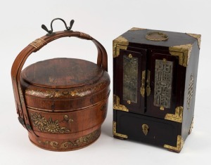 A Chinese lacquered rice basket together with a brass bound lacquered jewellery box, 20th century, 30cm and 31cm high