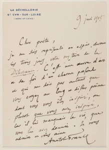 ANATOLE FRANCE (1844-1944), autograph letter sheet headed La Bechellerie, addressed to "Cher Poete", dated 9th June, 1915. France is sending his praises for a work, titled "Mystery of Deliverance" that his friend has sent him for comment. "It is a work of