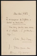 JULES MASSENET (1842-1912), undated autographed letter sheet, circa 1900, addressed to a friend, fully signed. Massenet composed more than 30 operas, of which the two most frequently staged today are "Manon" (1884) and "Werther" (1892).