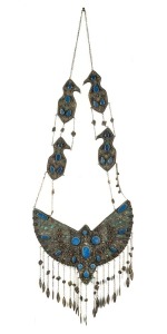 Turkoman tribal wedding necklace, coin silver and lapis lazuli, coral and turquoise, 19th/20th century, ​​​​​​​37cm wide