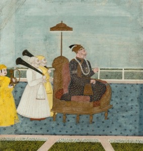 An antique Indian painting of a seated Raj, 18th century, 25 x 27cm, 61 x 67cm overall