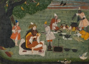 An antique Indian painting of an outdoor scene, 18th century, 31 x 22cm, 67 x 61cm overall