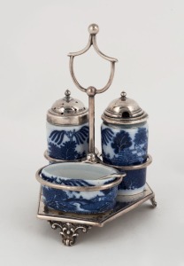 A silver plated cruet set with willow pattern porcelain condiments, 19th/20th century, 18cm high