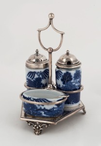A silver plated cruet set with willow pattern porcelain condiments, 19th/20th century, ​​​​​​​18cm high