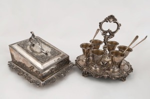 An antique silver plated cheese dish and cover, together with a silver plated egg cruet, 19th century, the cheese dish 24cm wide