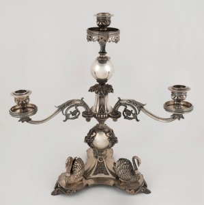 An antique silver plated four branch candelabra with swan decoration, 19th century, 41cm high