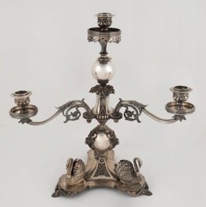 An antique silver plated four branch candelabra with swan decoration, 19th century,  ​​​​​​​41cm high 