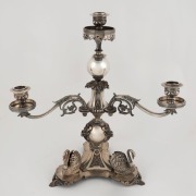 An antique silver plated four branch candelabra with swan decoration, 19th century,  ​​​​​​​41cm high 