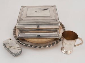 Antique silver plated jewellery casket inscribed "Marion", Christening mug, vanity box and breadboard, 19th/20th century, (4 items), the casket 10cm high, 20cm wide, 18cm deep