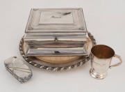 Antique silver plated jewellery casket inscribed "Marion", Christening mug, vanity box and breadboard, 19th/20th century, (4 items), the casket 10cm high, 20cm wide, 18cm deep