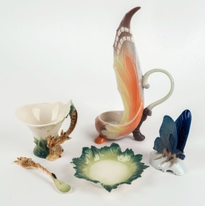 FRANZ porcelain giraffe cup, saucer and spoon, a blue butterfly ornament, and a butterfly wing bowl, (3 items), blue factory marks to bases, the largest 124cm high
