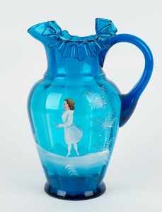 Antique Mary Gregory blue glass jug, 19th century,  25cm high 