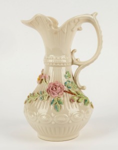 BELLEEK Irish porcelain jug with applied floral decoration, 20th century,  brown factory mark to base,  22.5cm high 