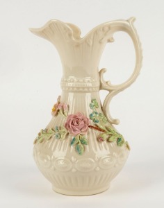 BELLEEK Irish porcelain jug with applied floral decoration, 20th century, brown factory mark to base, 22.5cm high