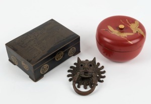 An antique Japanese metal ware box, a red lacquered box, and a bronze handle 19th/20th century, (3 items), ​​​​​​​the metal box 12cm wide