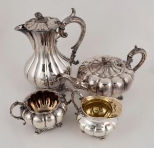An antique English four piece silver plated tea service by James Dixon & Sons, 19th century, the largest 25cm high
