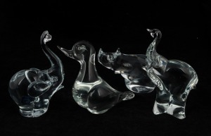 Four clear Murano glass animal ornaments, the duck signed "Licio Zanetti" and one elephant with original label, the largest elephant 18cm high