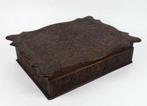 An antique Indian carved wooden box, 19th century, ​​​​​​​13cm high, 50cm wide, 39cm deep