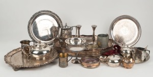 Sterling silver wine coaster, Challenge silver plated tea pot, assorted silver plated serving trays, mugs, candlesticks, coffee ware etc, 19th and 20th century (22 items), the largest tray is 45cm wide