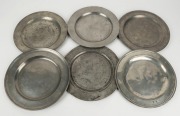 Six assorted Georgian pewter dinner plates, 18th century, the largest 24.5cm diameter