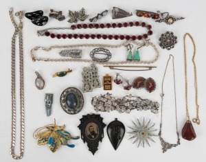 Antique jet locket, silver jewellery, costume jewellery, brooches etc, 19th and 20th century, (qty)