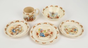 Royal Doulton "Bunnykins" Series ware, (5 pieces or which 4 are signed by Barbara Vernon), comprising of a mug, a small bowl, a small plate and 2 saucers.