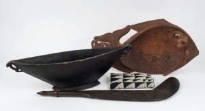 A Vanuatu tribal club, two wooden bowls and a bag, (4 items), ​​​​​​​the club 63cm long