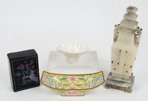 A Chinese carved soapstone jar, an enamel hand-painted dish, a 19th century Chinese blanc de chine libation cup, and a Qing Dynasty lacquered box with shell inlay, 19th/20th century, (4 items), ​​​​​​​the jar 24cm high