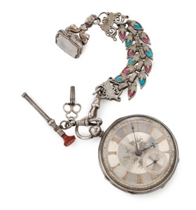 A fine antique sterling silver cased pocket watch with fusee movement, engraved silver dial and gold Roman numerals. Accompanied with an ornate Albertina chain adorned with pink and blue stones, a fob seal and, antique silver watch key, and a pocket tooth