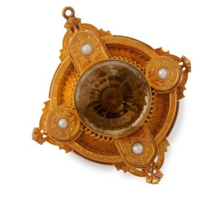 A stunning antique 18ct yellow gold brooch, set with a cut topaz and pearls, 19th century, housed in a leather case, 6cm high, 34.5 grams 