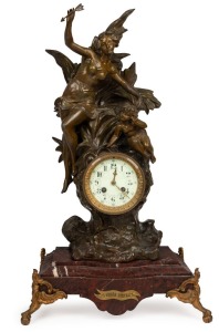L'AMPOUR DISTRAIT antique French figural mantle clock with 8 day time and strike movement, spelter and rouge marble case with gilt metal mounts, 19th century, ​​​​​​​61cm high