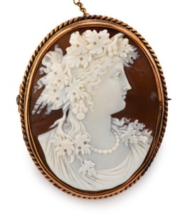 An antique cameo brooch in rose gold mount, with a leather and plush velvet box, 19th century, ​​​​​​​4.8cm high overall