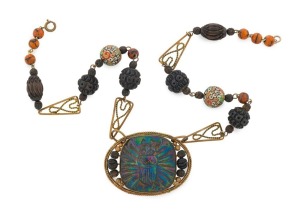 An antique Bohemian necklace with iridescent glass scarab pendant, early 20th century, 47cm long
