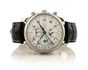 LONGINES "The Longines Master Collection" gent's automatic chronograph wristwatch with moon phase dial and skeleton back in steel case