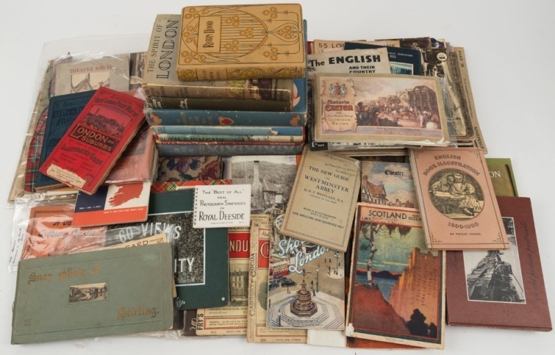 ENGLAND: A box full of English travel guides, souvenirs, maps, local histories, programmes, London, royalty, castles, several books, etc. (qty).